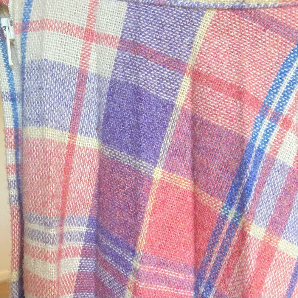 Vintage pleated skirt pink purple blue cream plaid wool midi skirt - Picture 4 of 12
